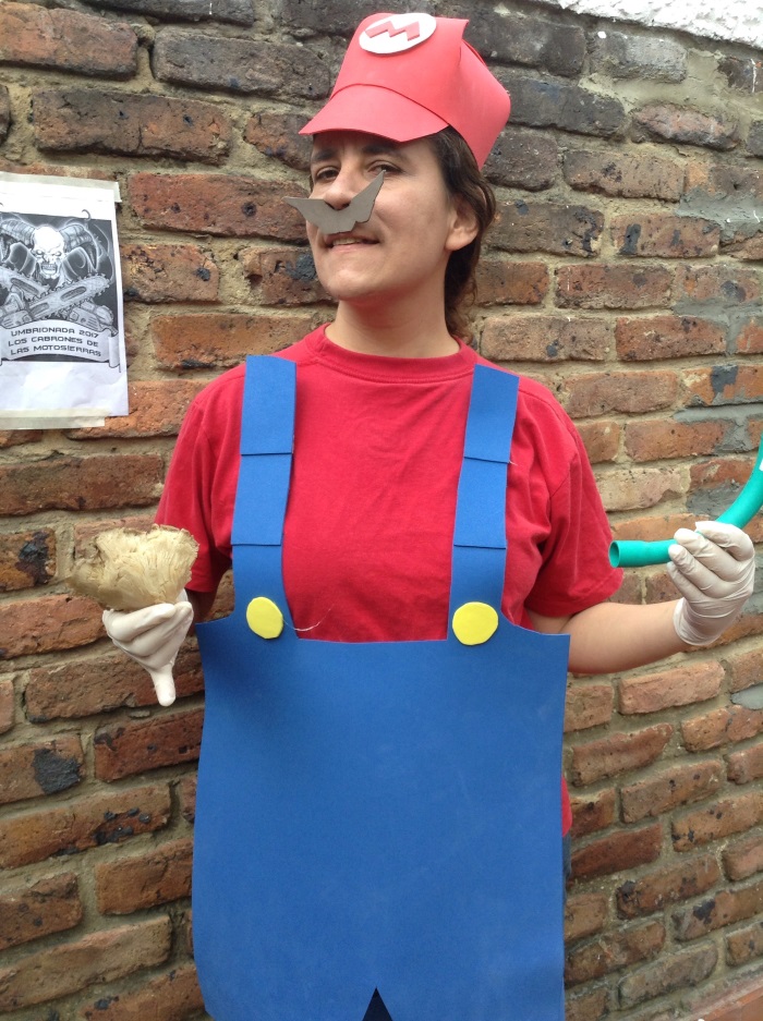 84. Caracterizado como Super Mario, con una seta en una mano y una tubería verde en la otra.