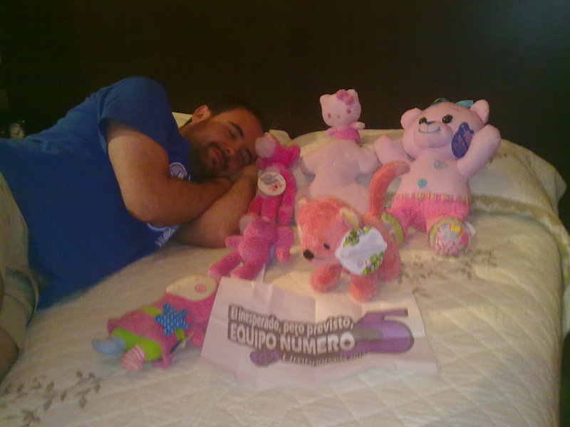  22. Acostado/a en una cama y rodeado/a por al menos cinco peluches de color rosa y que no sean Cthulhus.