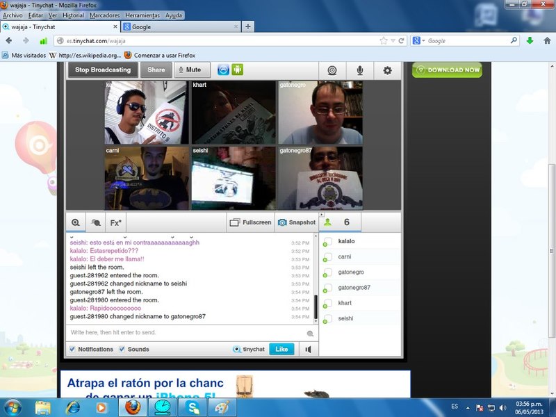 68 - Una captura de pantalla del tinychat donde se reúnan tres o más personas de diferentes equipos, mostrando todos el logo al mismo tiempo.