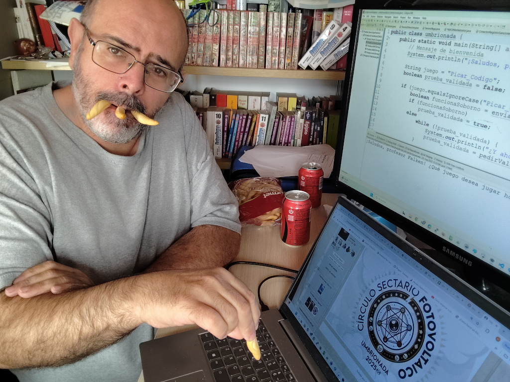 87 - Con un pico, frente a un ordenador que muestre algún código, como si se estuviese picando el teclado.