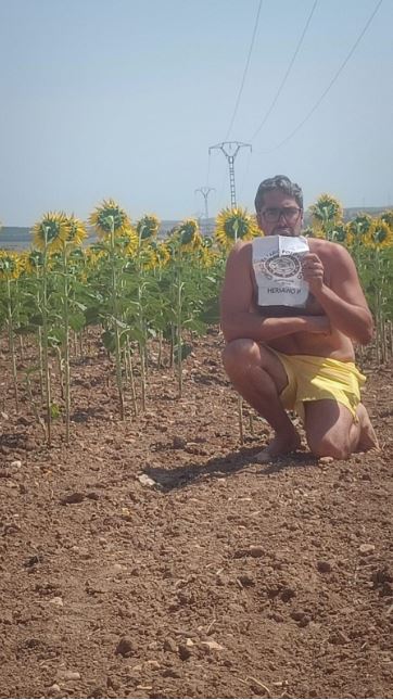 2 - Vestido de amarillo y con cara enojada, al lado de un campo de girasoles que te dan la espalda.