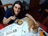 23. Comiendo lasagña junto a un gato atigrado naranja.